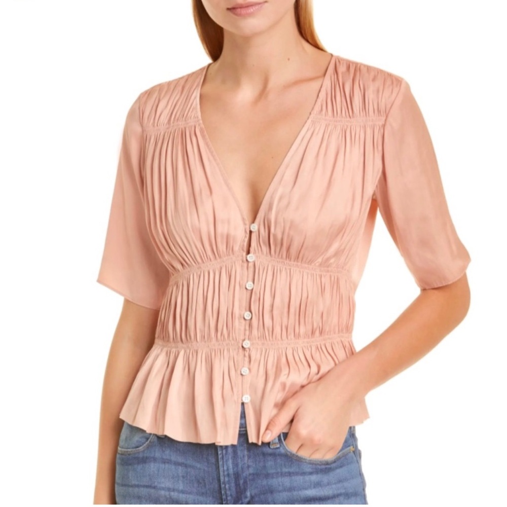 FRAME PINK SHIRRED V-NECK BLOUSE Women's Pink Blouse size small